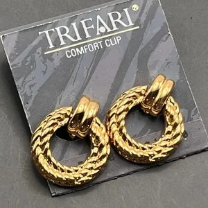 Authentic Heavily Gold Plated TRIFARI door Knocker style clip earrings