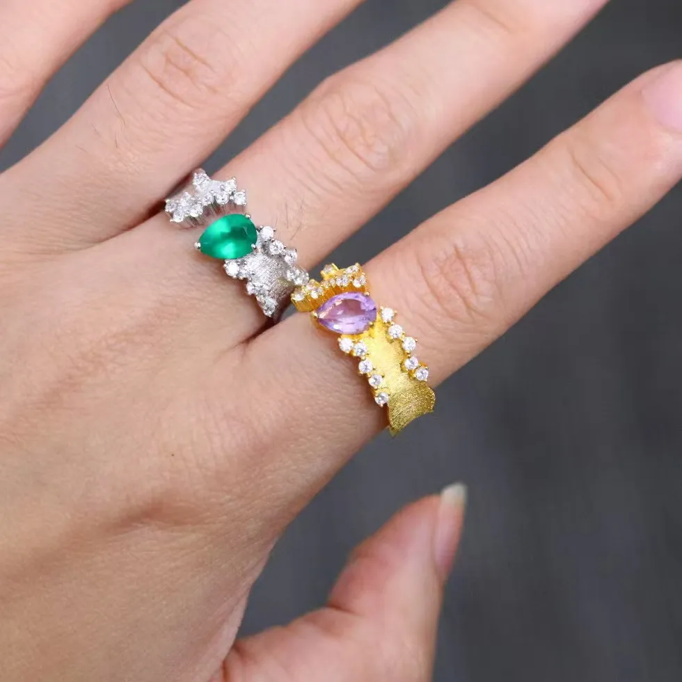Authentic Amethyst and Green Agate Harmony - 18K Gold Plated Teardrop Rings