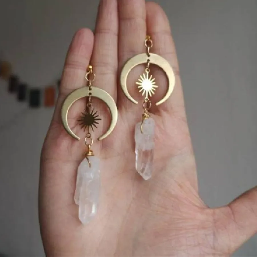 Authentic Retro Exquisite Gold Color Sun Moon Natural White Crystal Stone Dangle Earrings for Women Jewelry Accessory