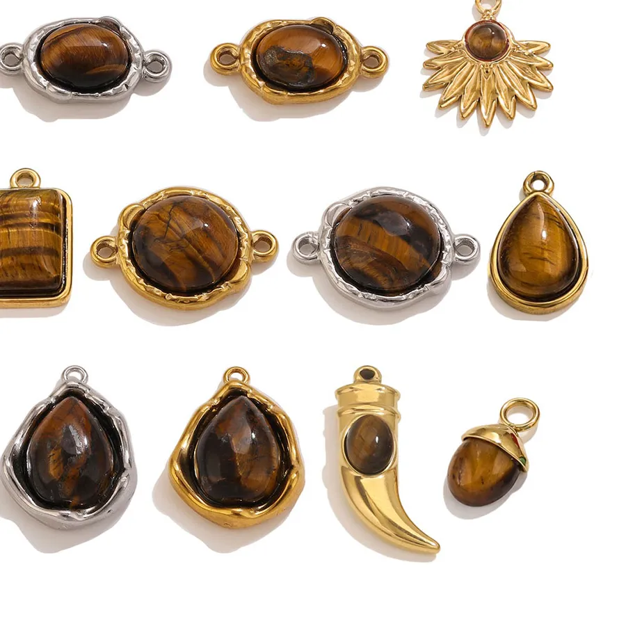 Authentic 3pcs Stainless Steel Tiger's Eye Stone Charms PVD Gold Gemstone Pendants for DIY Women Earring Necklace Accessories Supplies