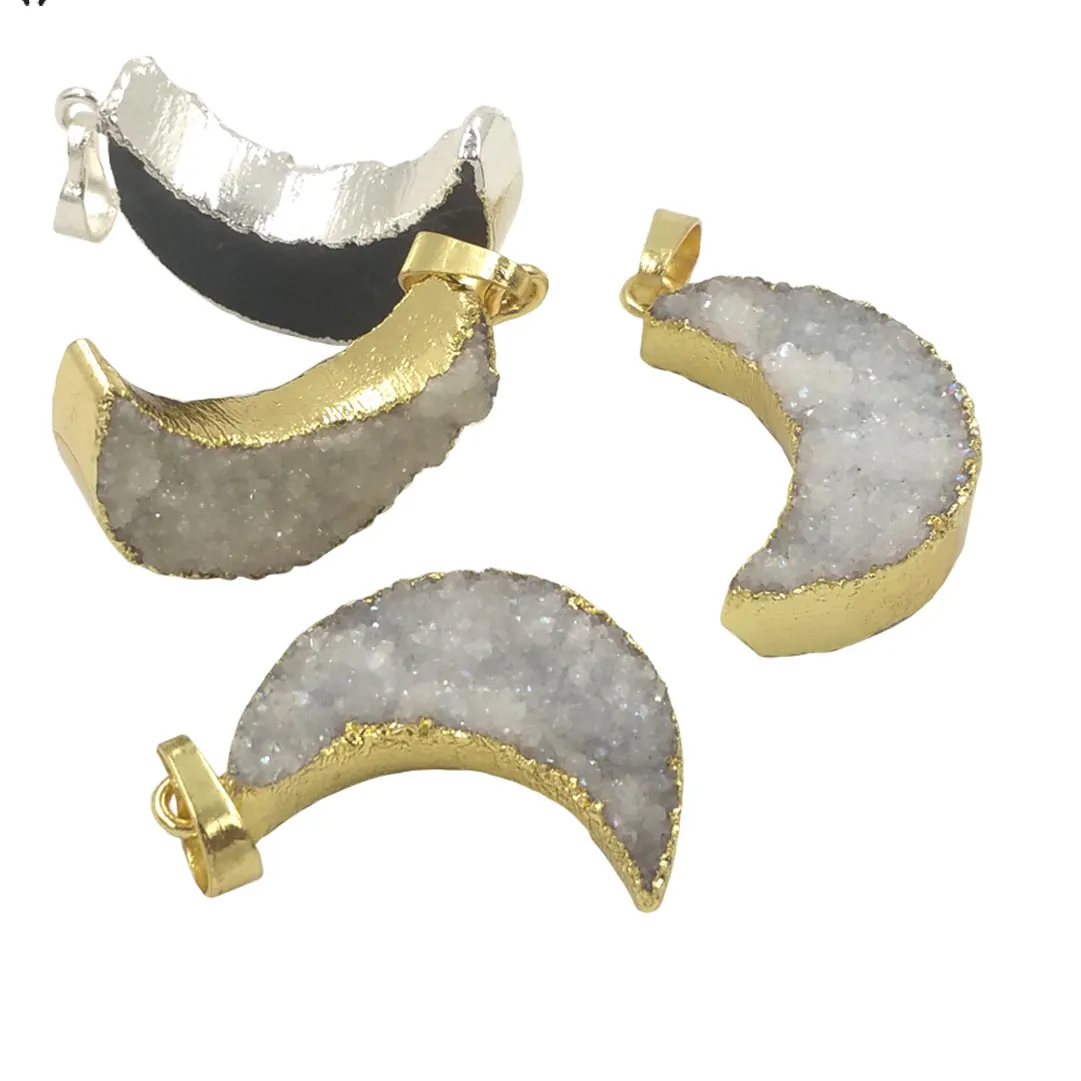 Authentic WT-P1706 WKT Natural Druzy Quartz Stone Pendant Moon Shape Gold Silve For Lady Jewelry Decoration