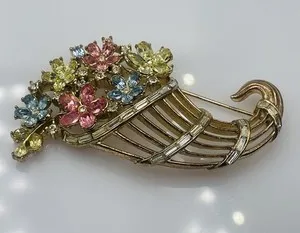 Authentic The Golden Horn of Abundance Crystal Floral Brooch