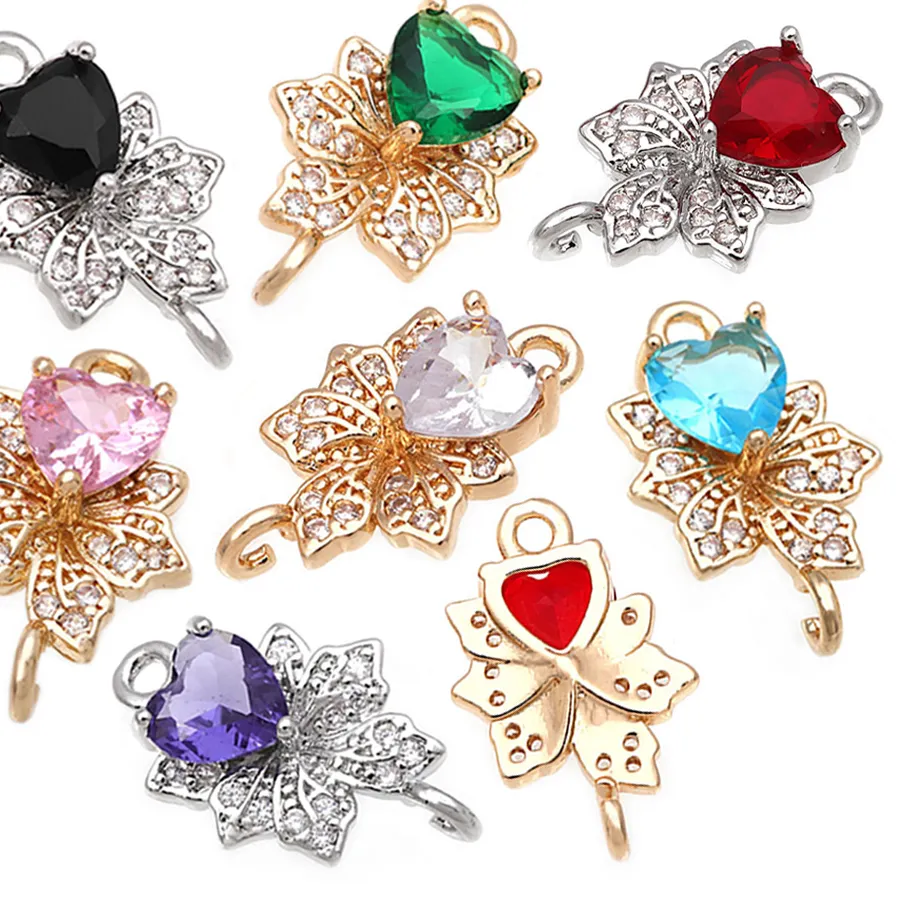 Authentic 6PCS 18K Gold Color and Zircon 2 Holes Heart Maple Leaf Connect Charms Pendants High Quality Necklace Earrings Diy Jewelry