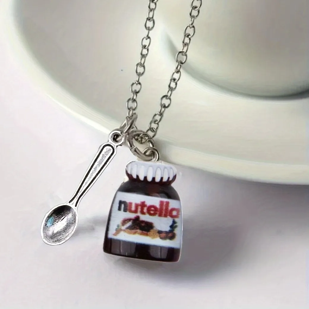 Authentic Chocolate Jar With Spoon Pendant Necklace Food Jewelry Miniature Charms Novelty Funny Necklaces