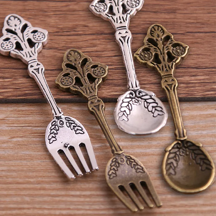 Authentic 6Pcs Mixed Two Colors Flowers Fork Spoon Tableware Pendants Charms For Jewelry Making