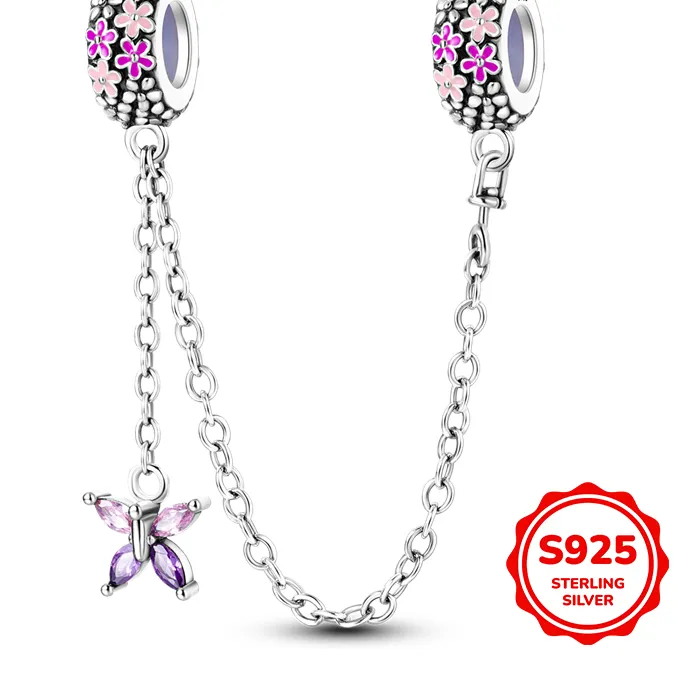 Authentic 925 Sterling Silver Floral Butterfly Safety Chain Dangle Charm With Gold Ichthys Jesus Fish Cross Rubber Position Stopper Spacer