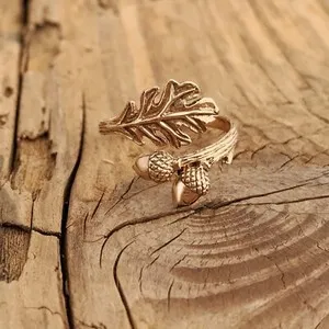 Authentic Oak Leaf Acorn Ring Adjustable Gold Plated Autumn Fall Nature Pagan Wiccan