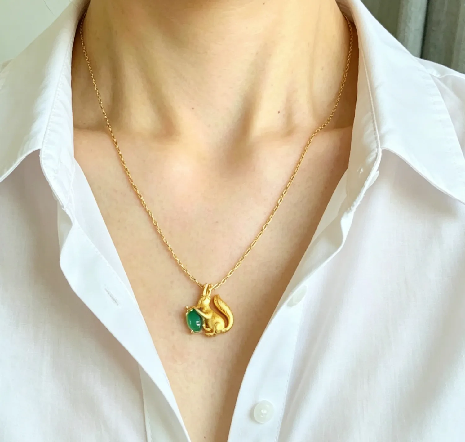 Authentic Squirrel Acorn Pendant Necklace Chrysoprase Green Stone Gold Plated Gift for her