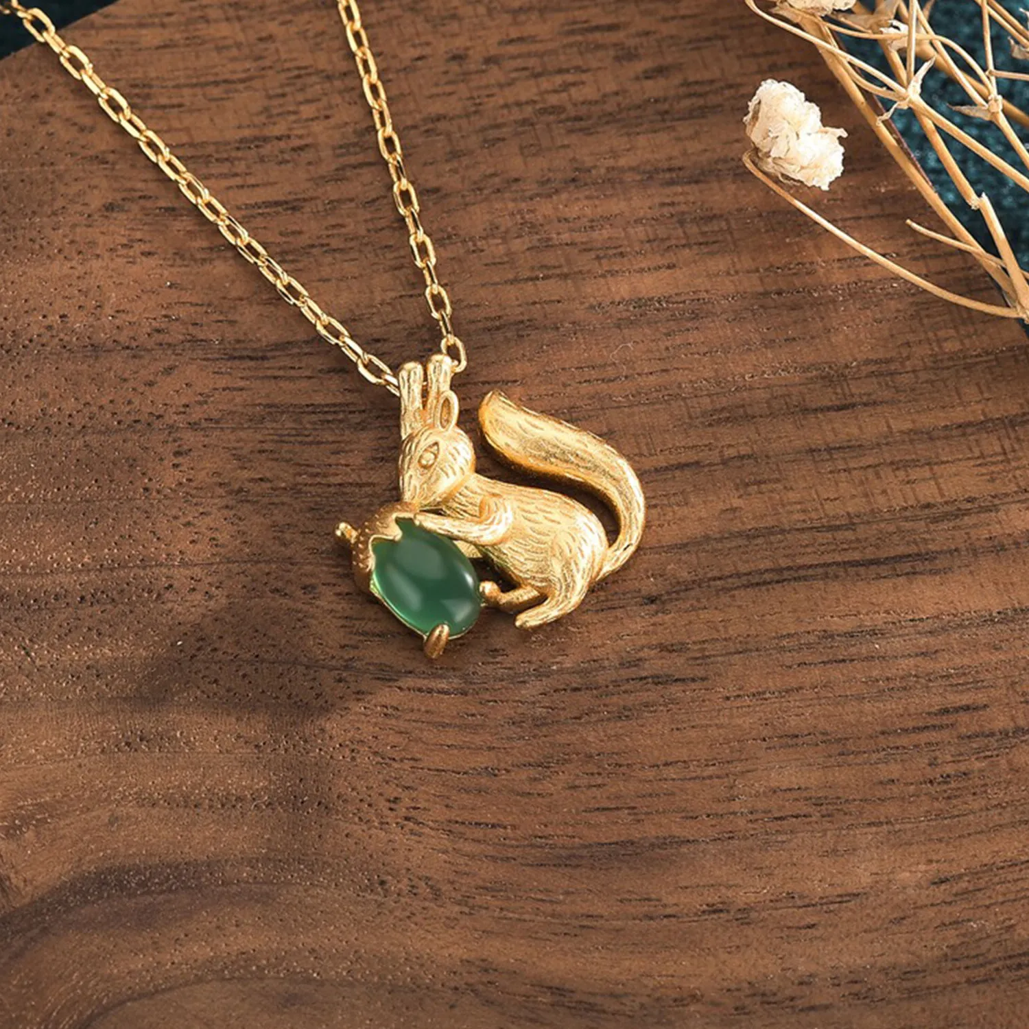 Authentic Jade Jewelry Squirrel Acorn Charm Pendant W/ Chain Necklace Gold Plated