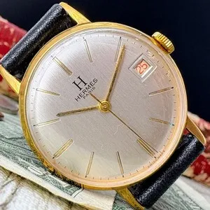 Authentic Vintage Hermes Paris Manual Wind Gold Plated Date Men's Watch Swiss Made 34mm