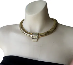 Authentic Radiant Sunlight Collar of the 1970s Gold-Plated Paved Rhinestone Talisman