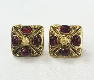 Authentic Vintage Chanel Crimson Gripoix and Gold Sunburst Talisman Earrings
