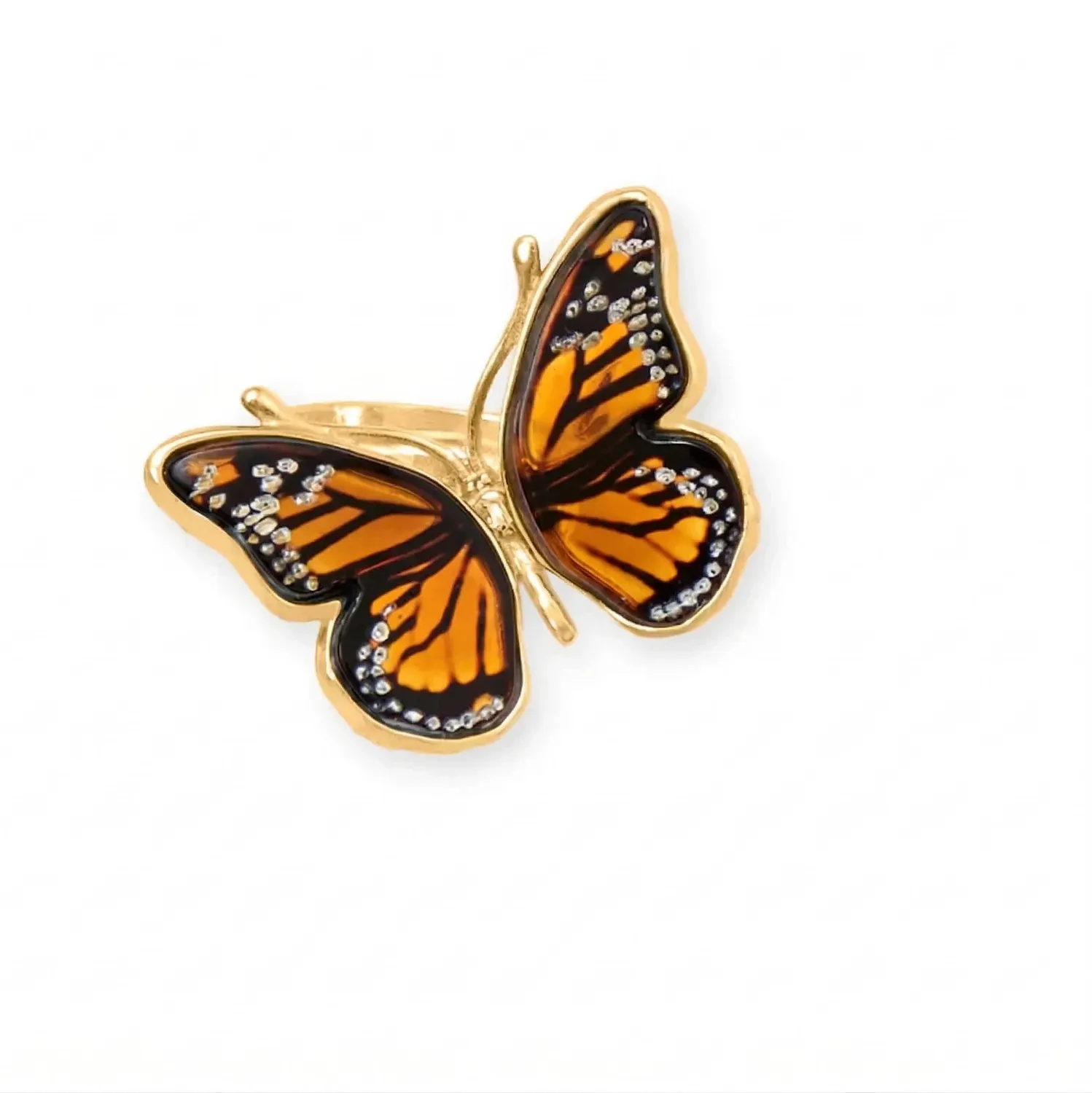 Authentic Baltic Amber Monarch Butterfly Ring 24K Gold Plated 925 Silver Adjustable