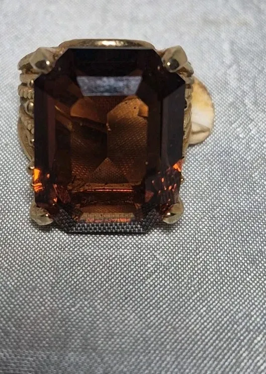 Authentic Vintage H.M.S. 18K HGE Gold Plated Emerald Cut Amber Ring Size 7