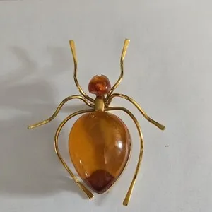 Authentic Art Deco Russian Baltic Amber Gold Plated Spider Brooch Pin, marked 8РЯ