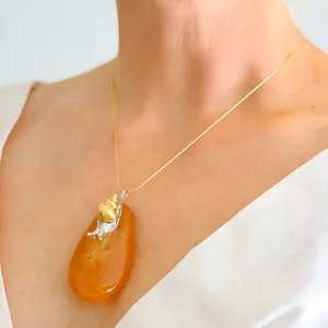 Authentic Baltic Amber Snail Statement Necklace in 14k Gold Plated s925
