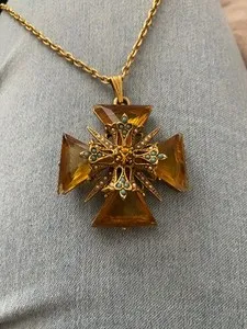 Authentic Sphinx vintage pendant - gold-plated Maltese cross large cut amber stones