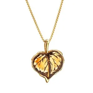 Authentic Gold Plated Sterling Silver & Genuine Baltic Amber Hand-Etched Leaf Pendant Neck