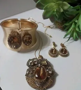 Authentic Amber Crystal Necklace, Bracelet & Earrings Set Gold Plated Turkish.