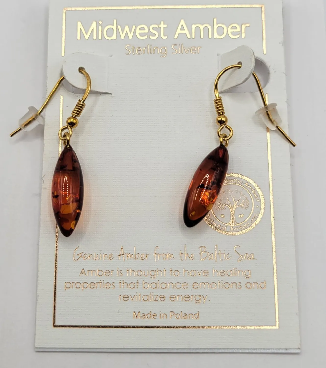 Authentic Midwest Amber Gold Plated Sterling Silver 925 Genuine Amber Earrings