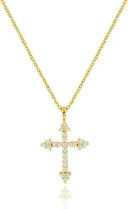 Authentic 14K Gold Plated Cross Pendant Necklace with Cubic Zirconia Simple Dainty Cross J