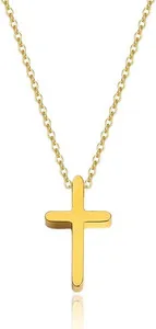 Authentic Minimalist 14K Gold Plated Cross Necklace, Titanium Religious Pendant with Chain