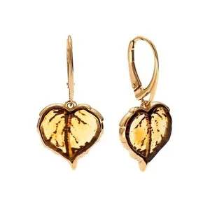 Authentic Sterling Silver Gold-Plated Baltic Amber Leaf Drop Earrings