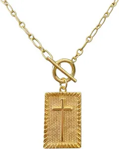 Authentic 14K Gold Plated Cross Necklace for Women, Non-Tarnish Faith Jewelry with Toggle