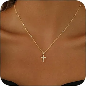 Authentic Cross Necklace for Women, 14K Gold Plated Cross Pendant Necklace Dainty Cross Ch