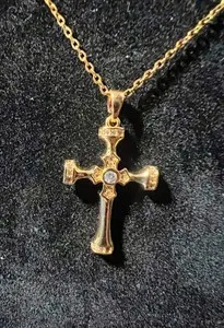 Authentic Gold Tone Yellow Gold Plated Cable Chain Necklace w/ Cross Pendant, White CZ
