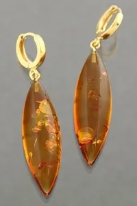 Authentic Genuine BALTIC AMBER Gold Plated Silver Dangling Cabochon Earrings 5.6g 250724-4