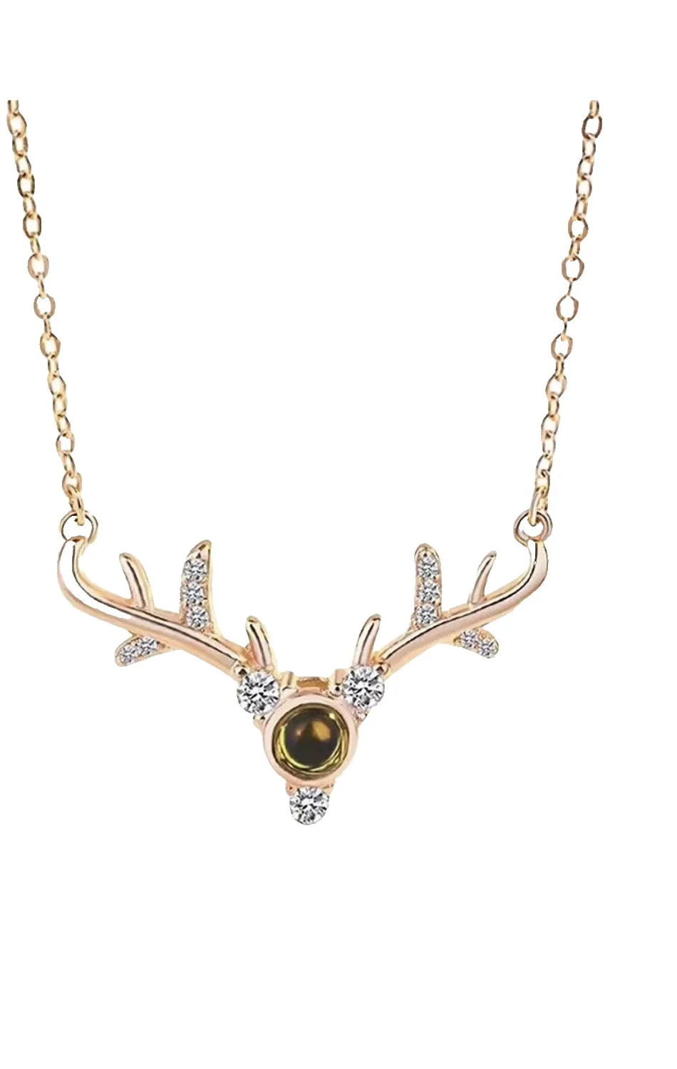 Authentic Deer Antler Rhinestone Pendant Amber Stone Gold Plated Necklace Chain w Box