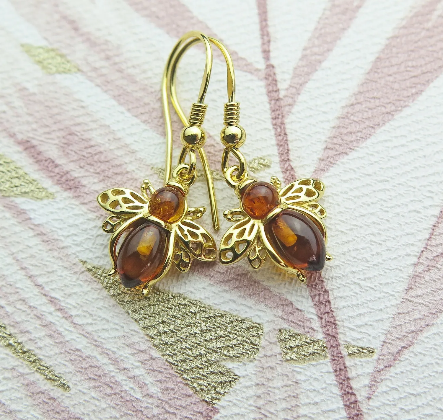 Authentic Sterling Silver Real Genuine Cognac Amber Gold Plated Bee Earrings Perfect Gift