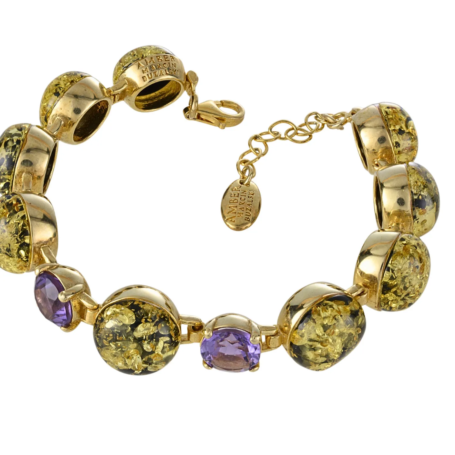 Authentic 8K Gold Plated Sterling Silver Amethyst Adjustable Green Baltic Amber Bracelet