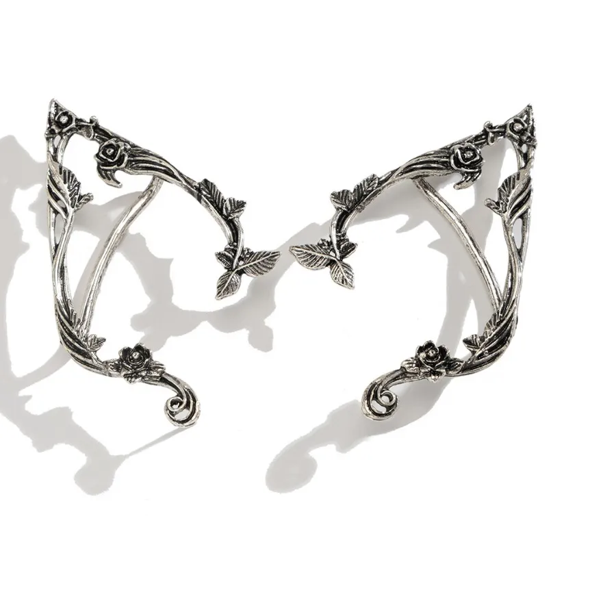 Authentic Goth Elf Ear Clip Ear Cuff Rose Flower Hollow Ear Clips Outline Jewelry Accessories Ear Hook