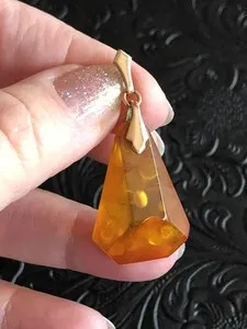 Authentic Vintage Amber 2” Drop Pendant, Fine 875 Silver, Gold Plated, USSR 1960’s