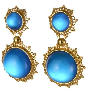 Authentic Gold Plated 925 Sterling Silver Blue Baltic Amber Round Earrings