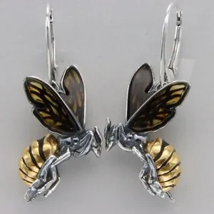 Authentic Golden Baltic Amber Bee Amulet Earrings – 925 Silver Lever‑Back