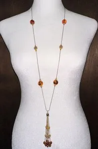 Authentic Vintage Signed Korea 14K Gold Plated Amber Brown Bee Hive Beaded Tassel Necklace