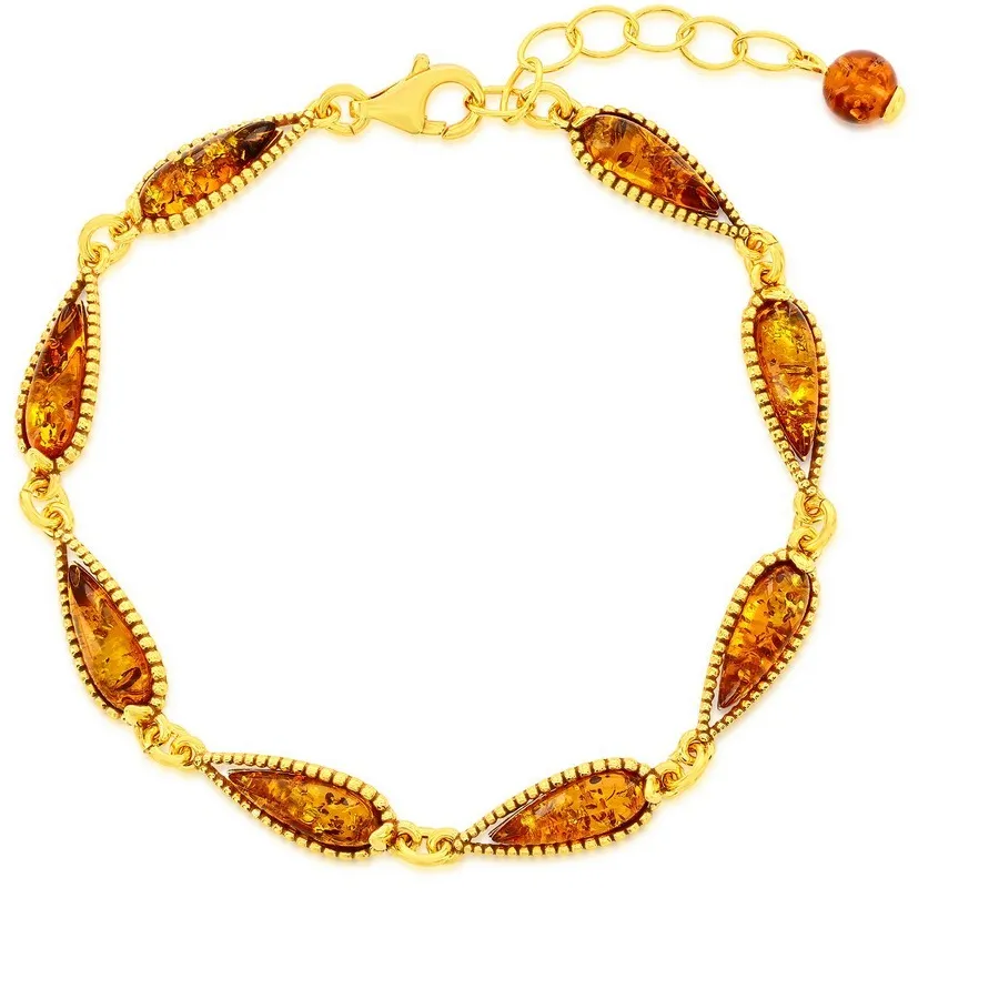 Authentic Sterling Silver, Teardrop Amber Link Bracelet - Gold Plated