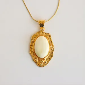 Authentic White Baltic Amber Oval Necklace in 14K Gold Plated Sterling Silver