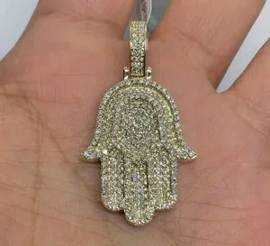 Authentic Men's 2.50Ct Round Cut Moissanite Hamsa Hand Pendant 14K Yellow Gold Plated