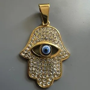 Authentic Gold Plated Hamsa Eye Cubic Zirconia Pendant 24 Inch Necklace Jewish Faith