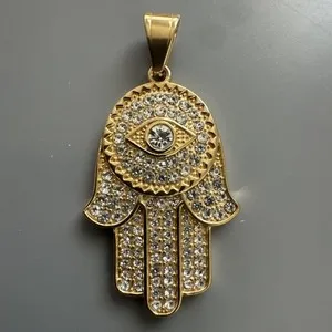 Authentic Gold Plated Hamsa Eye Cubic Zirconia Pendant 24 Inch Necklace Religious Faith