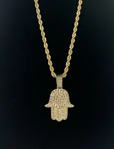 Authentic Hamsa Hand Symbol  1.75” CZ Pendant & 24” Rope Chain Necklace Gold Plated