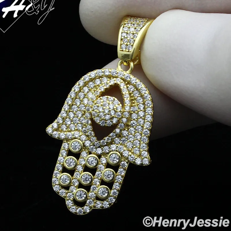 Authentic 925 STERLING SILVER CUBIC ZIRCONIA EVIL EYE HAMSA HAND GOLD PLATED PENDANT*GP151