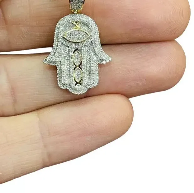 Authentic 2.00Ct Round Cut Real Moissanite 14K Yellow Gold Plated Hamsa Hand Pendant Charm