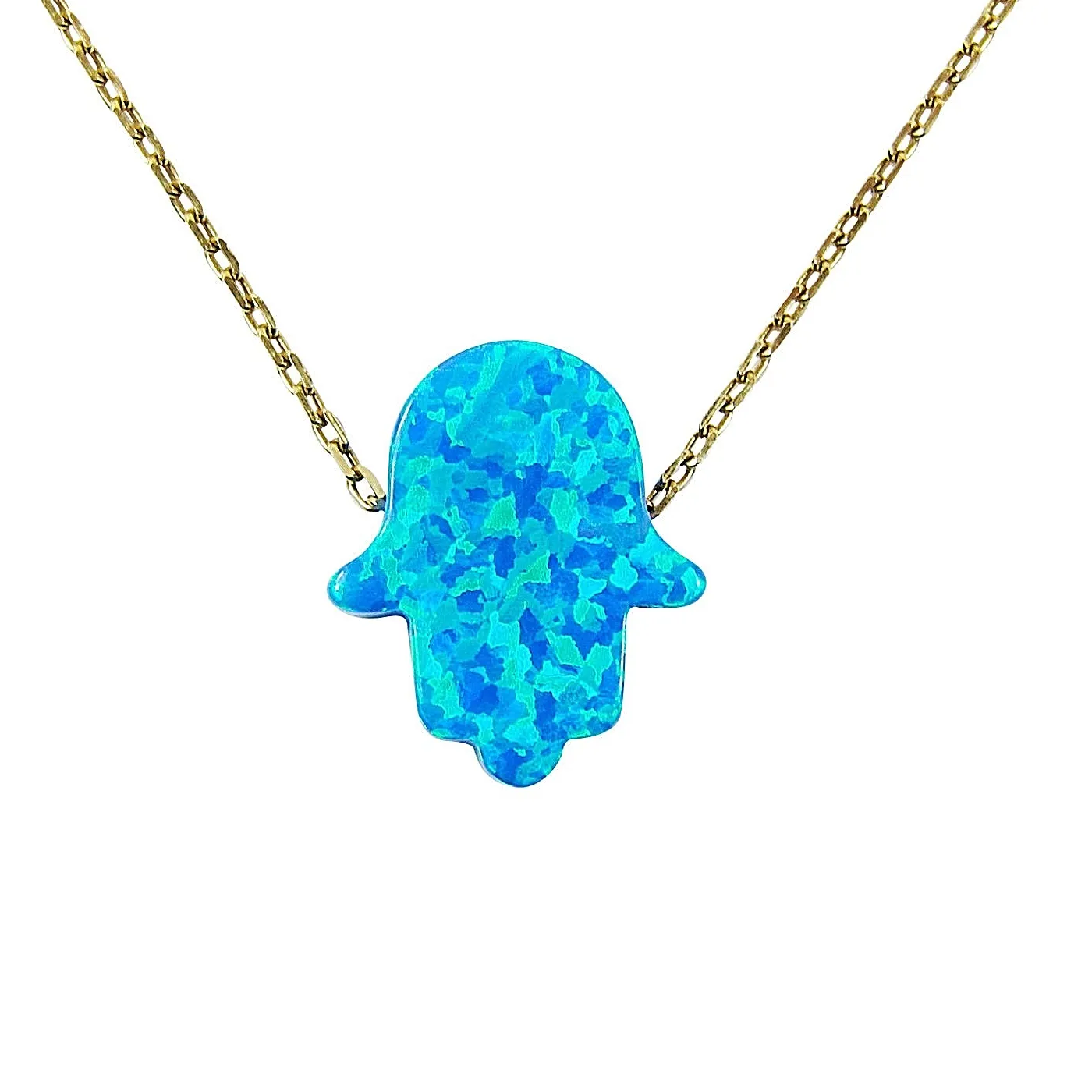 Authentic Hamsa Pendant Necklace Lab-Created Opal Gold Plated 925 Sterling Silver Chain