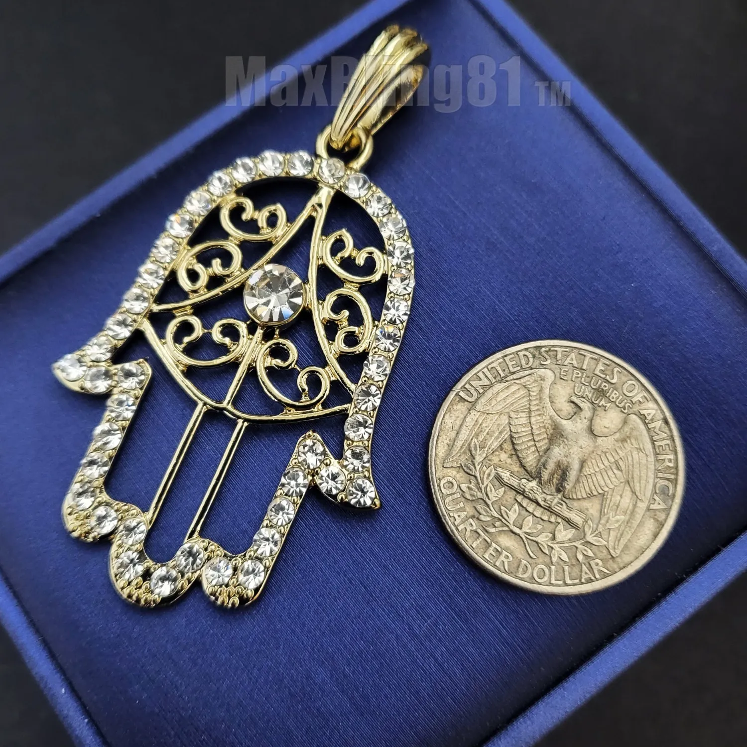 Authentic Hip Hop Iced Hamsa Hand Gold Plated Cubic Zirconia Bling Charm Pendant