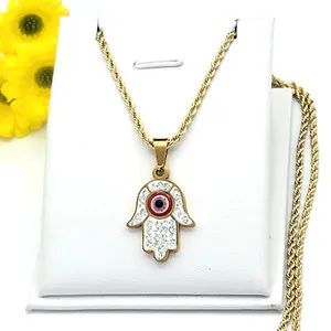 Authentic Stainless Steel Yellow Gold Plated Hamsa Fatima Hand Evil Eye Pendant & Chain